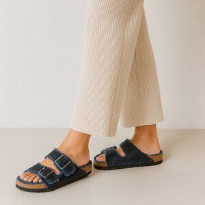 Birkenstock Arizona Shearling Sandals Navy Blue Suede Women’s 39 Fuzzy Cozy